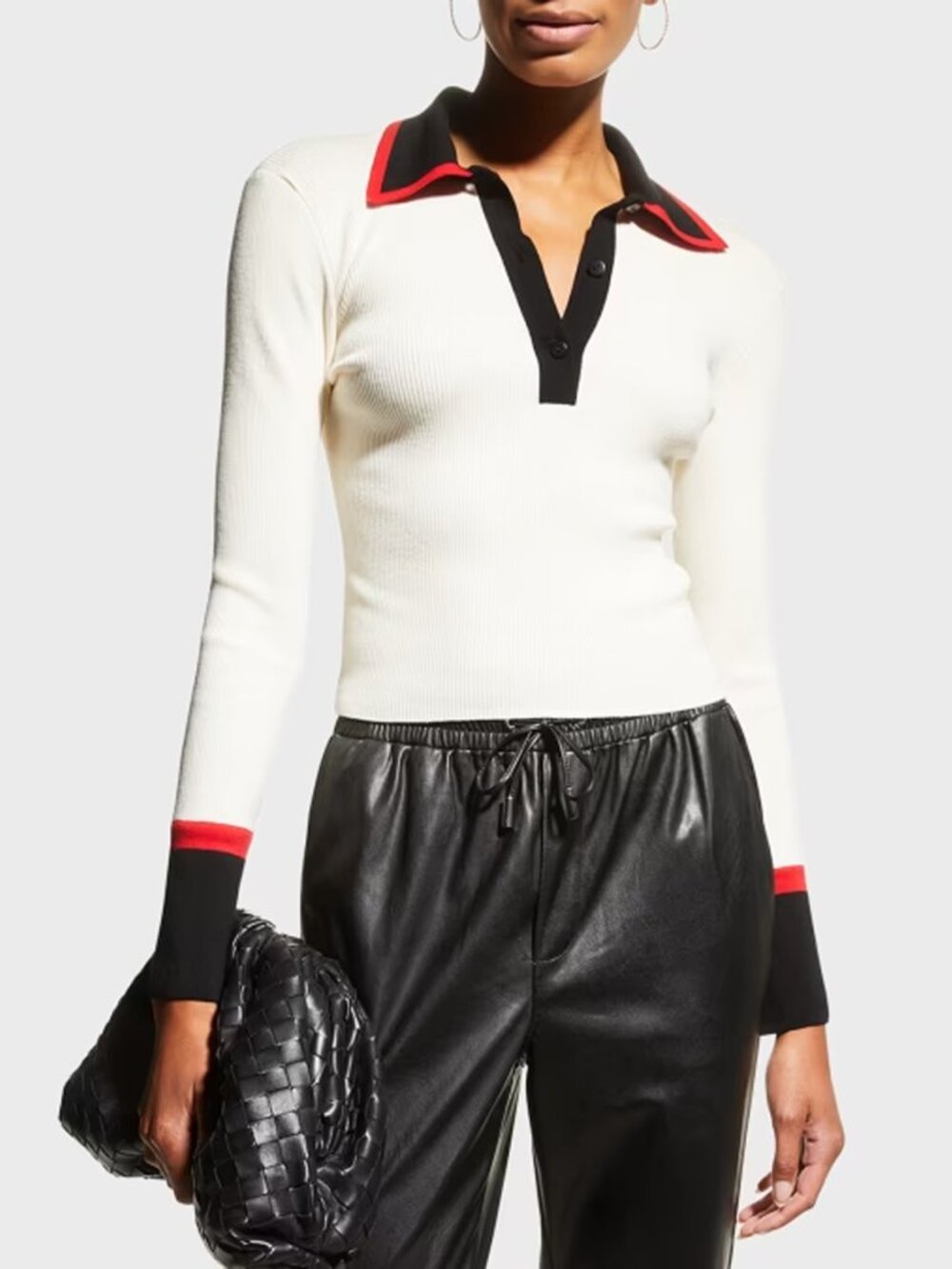Alice + Olivia Pia Ribbed Polo Shirt Black White Red Knit Collared Wool Sweater